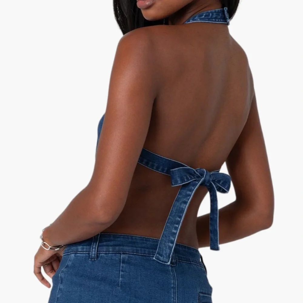 EDIKTED Sydnie Open Back Denim Halter Top | Color: Dark-Blue - Picture 5 of 8